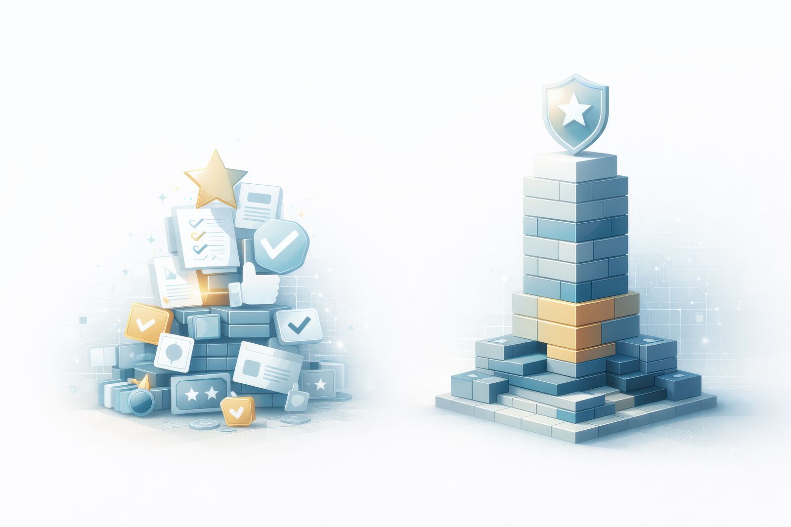 Two contrasting structures: a chaotic pile of cheap trust signals like checkmarks, stars, and badges versus a solid tower of carefully stacked blocks crowned with a shield